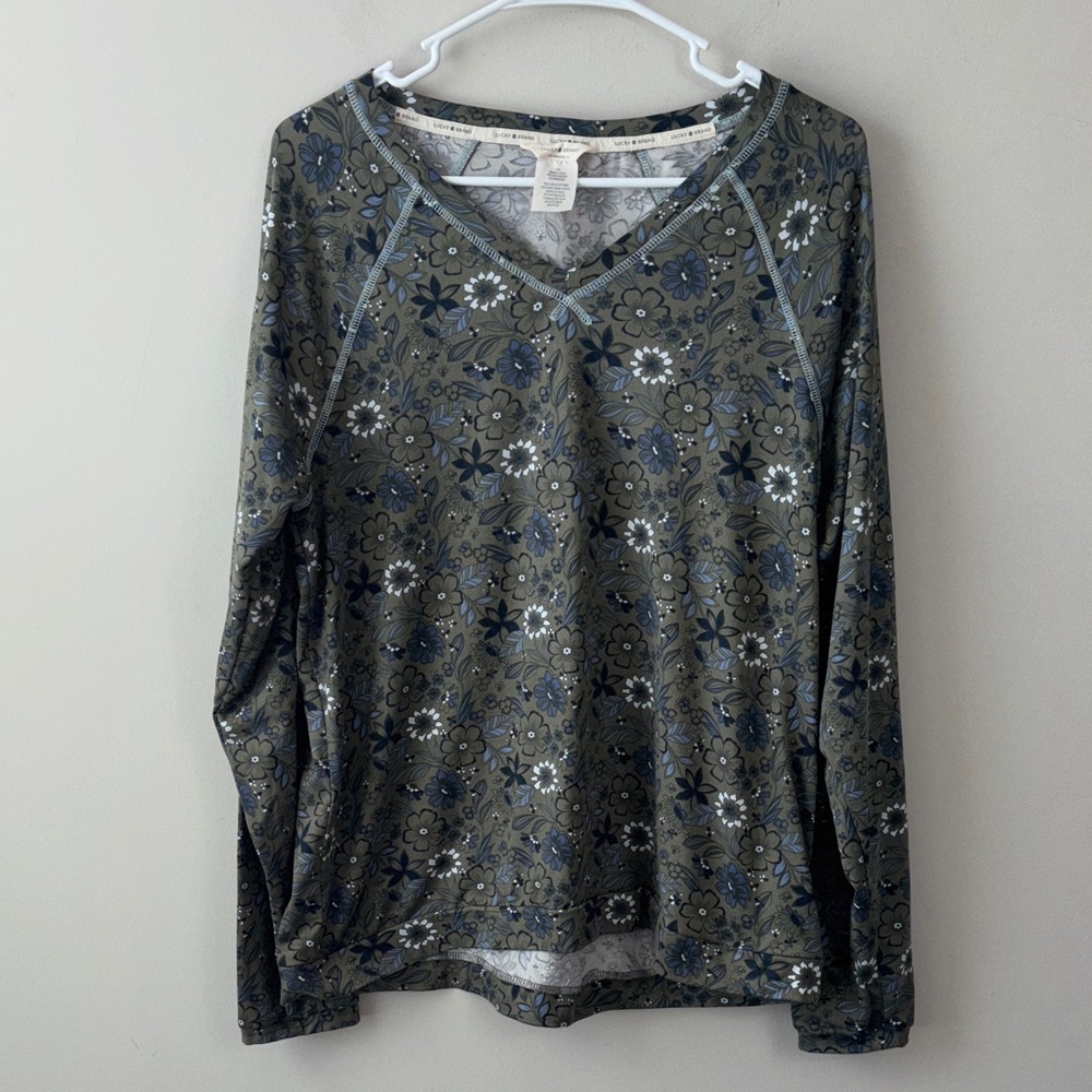 Lucky Brand Floral Long Sleeve Soft V-Neck Top Women Size Large